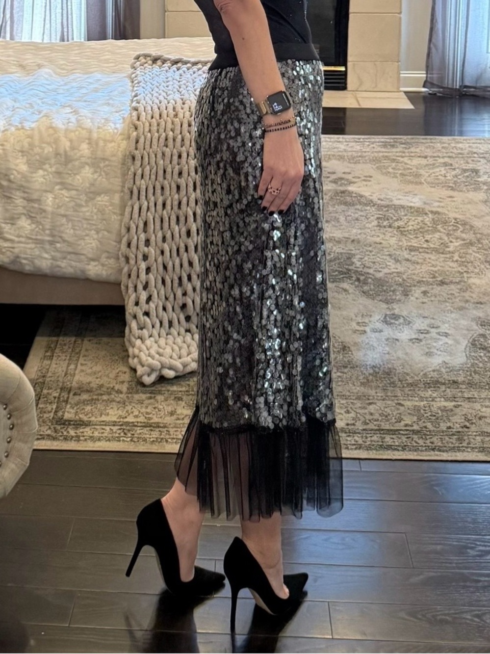 Sequin Midi Skirt with Tulle Hem - Black/Silver